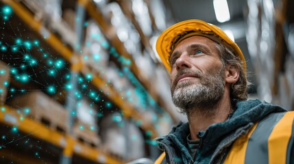 a focused warehouse worker in a yellow safety helmet looking upwards with a digital overlay on the left side, symbolizing technological advancement in the workplace