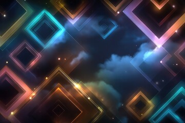 Abstract geometric pattern with glowing, colorful squares overlaying a dark background with clouds