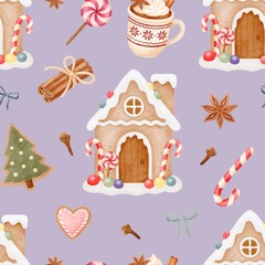 Watercolor Gingerbread House Christmas Pattern. Winter Holiday Treats Seamless Pattern