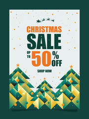 Modern Christmas Sale Poster Design with Green and Orange Color Theme Featuring Abstract Geometric Christmas Trees