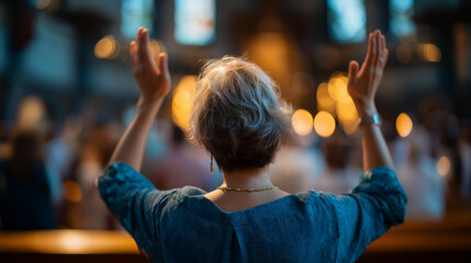 Over shoulder view of person with hands raised toward altar other worshippers defocused in background individual prayer in community mental support through worship church inter