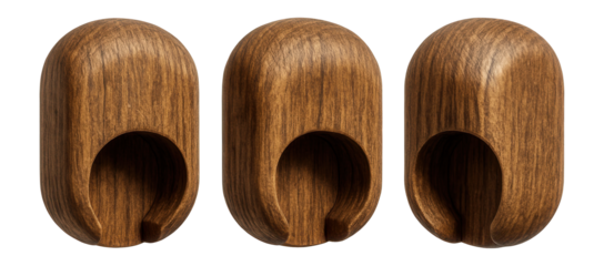 Rustic wooden cable clips designed to secure lamp cords on wooden floors.