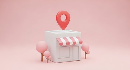 3D render of a cute store with location pin above it