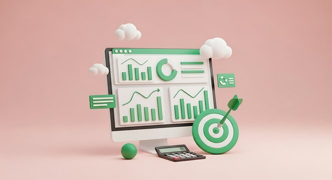 3D Render of Computer with Business Charts and Target Arrow Achieving Goals