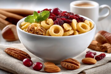 Breakfast cereal bowl with healthy fruits and nuts