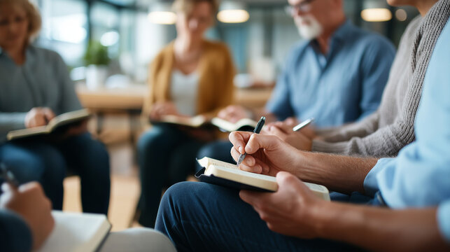 Overhead view of support group seated in circle with journals and Bibles hands visible writing faces not shown mental wellness prayer group therapeutic faith community meeting