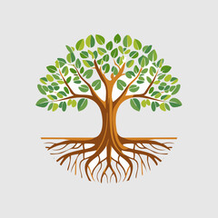 Fototapeta premium Tree with roots and leaves, nature illustration, brown and green.