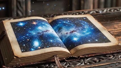 Open book displaying a galaxy on its pages with magical light effects