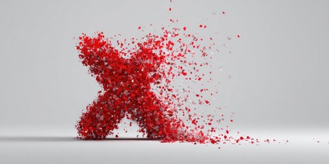 Red X exploding into tiny fragments on a light gray background