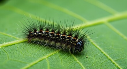 Fototapeta premium Macro shot of a fuzzy caterpillar with black and white bristles on a vibrant green leaf