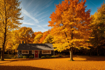 beautiful autumn landscape, forest and ground road at sunny day, yellow trees and sunlight