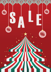 Christmas Sale Poster Design Festive Holiday Discount Promotion with Red Background, Christmas Tree, and Hanging Ornaments.