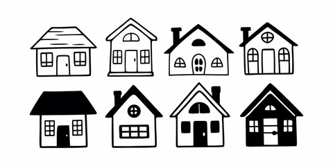 Collection home icons. House symbol. Set of real estate objects and houses black icons isolated on white background. Vector illustration.