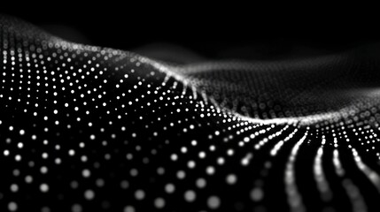 Dynamic wave of brilliant white dots surges across a deep black void, creating a stunning abstract visual of pure energy and digital flow, perfect for modern tech and science themes.
