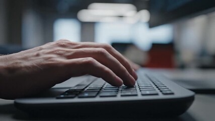 Close-up of a persons hands typing on a laptop keyboard in a dimly lit room. - Powered by Adobe