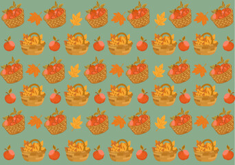 Autumn Harvest Seamless Pattern with Apple Basket and Fall Leaves