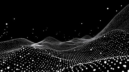 Stunning 3D rendering captures a dynamic wave of bright white dots surging across a deep black void, creating an abstract, futuristic, and energetic visual perfect for tech or science themes.
