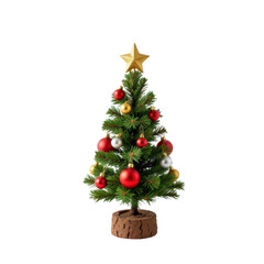 Festive mini Christmas tree adorned with colorful ornaments and golden star on top, perfect for holiday decorations and creating cheerful atmosphere
