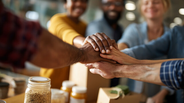 Team of volunteers' hands assembling care packages together coordinated effort faces not shown mental health resource distribution community support charitable organization