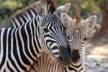 Naklejka premium Zebra mother and baby foal showing affection