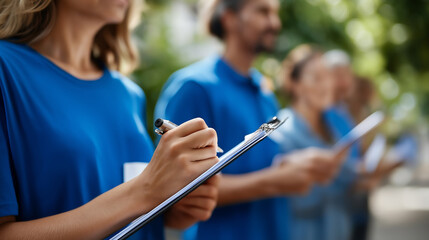 Volunteers in blue shirts with hands holding clipboards and supplies faces defocused community mental health outreach door to door support services neighborhood care initiative