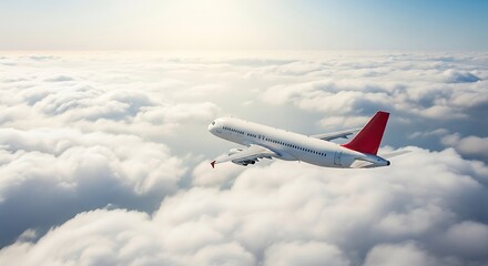 Airplane flying above the clouds on a clear sunny day adventure