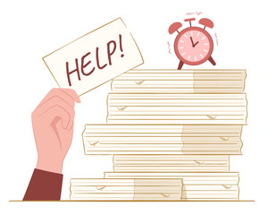 Businessman Hand Holding Up a Piece of Paper Asking for Help and Stack of Lot of Document Files for Overload Working and Overburdened Concept Illustration Clip Art