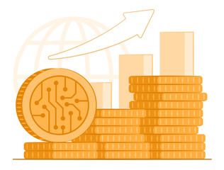 Stack of Digital Coin Asset with Rising Growth Financial Bar Chart for Online Investment in Cryptocurrency and Block Chain Industry Concept Illustration Clip Art