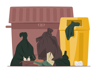 Rubbish Bin with Pile of Garbage Bags for Scattered Trash Concept Illustration Clip Art