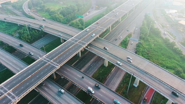 Aerial view morning with fogg city transport junction road transport industry