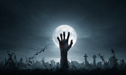 Terrifying zombie hand erupts from dark earth, a chilling symbol of horror and the undead rising for Halloween or apocalyptic themes, creating intense fear and suspense.