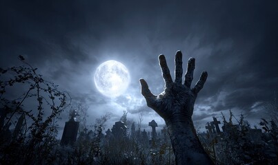 Terrifying zombie hand erupts from dark, eerie ground, a chilling symbol of horror and the undead rising, perfect for Halloween and dark fantasy themes.