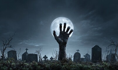 Terrifying zombie hand erupts from dark earth, reaching out ominously in a chilling horror scene, perfect for Halloween and scary event promotions, evoking dread and suspense.