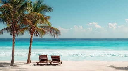 Obraz premium Two Empty Chairs On White Sand Beach Under Palm Trees With Turquoise Ocean Horizon Under Blue Sky