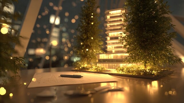Festive model building and paperwork sits on desk near glowing city lights. - Powered by Adobe