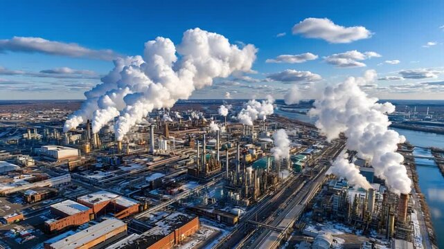 Industrial Panorama: Towering smokestacks belch clouds into the sky, the intricate network of industrial buildings and infrastructure spreads across the landscape.