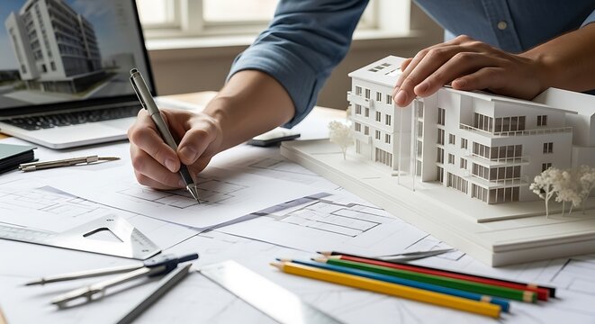 Architectural design and planning process with building model and blueprints