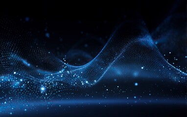 Dynamic digital wave particles and glowing dots create an abstract, futuristic background, perfect for technology, science, and modern design projects with a vibrant blue energy flow.