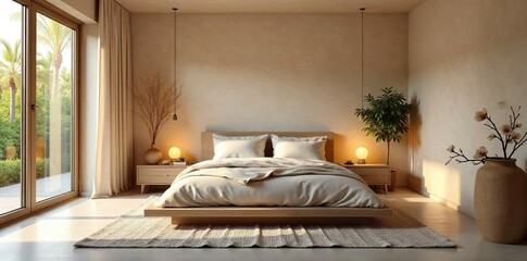 Serene Bedroom Interior Soft Light Illuminates Calming Decor, Perfect for Peaceful Meditation, Yoga, and Relaxation