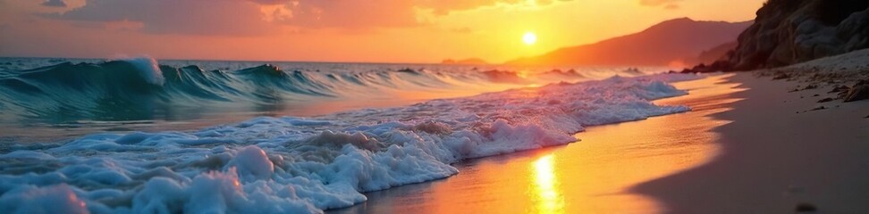 Serene Sunset Beach Gentle Waves Lap Shore, Peaceful Landscape for Relaxation and Mindfulness