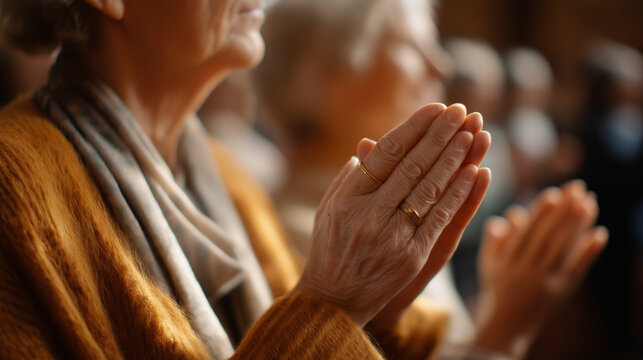 Senior women's hands holding hands in prayer circle wedding rings visible faces not shown elderly mental support widows' ministry mature faith community retirement home chape