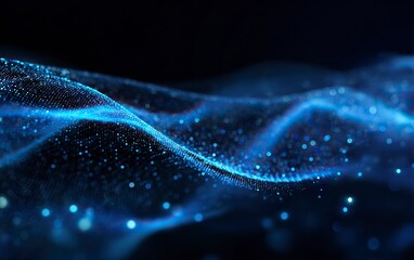 Dynamic blue glowing wavy particles and dots swirl in abstract cosmic motion, creating a stunning, futuristic digital background for modern design and technology themes