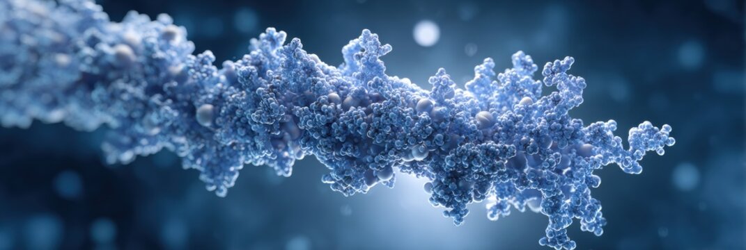 This visual showcases an intricate molecular structure with vibrant blue hues, captured in a detailed close-up view against a blurred background.