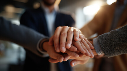 Men's hands stacked together in accountability group business casual attire visible faces not shown men's mental health support faith brotherhood early morning prayer meeting