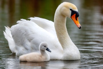Obraz premium Mute swan parent and cygnet swimming together on water