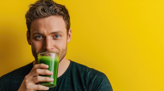 Man drinking green smoothie on vibrant yellow background, healthy detox beverage for nutrition, vegan diet and modern wellness advertising