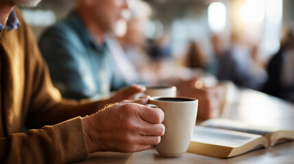Male hands holding coffee cups at men's breakfast Bible study materials visible faces defocused masculine mental wellness support faith accountability church hall or