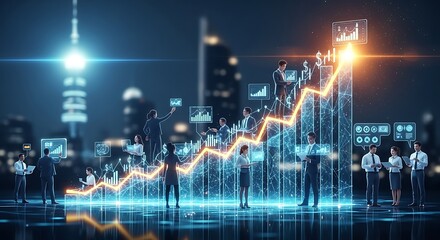 Business team analyzing financial growth and market trends in futuristic cityscape