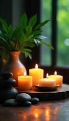 Serene Spa Scene Candlelight, Essential Oils, and Smooth Stones Create a Tranquil Atmosphere Perfect for Wellness and Self-Care