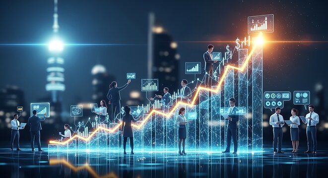 Business team analyzing financial growth and market trends in futuristic cityscape
